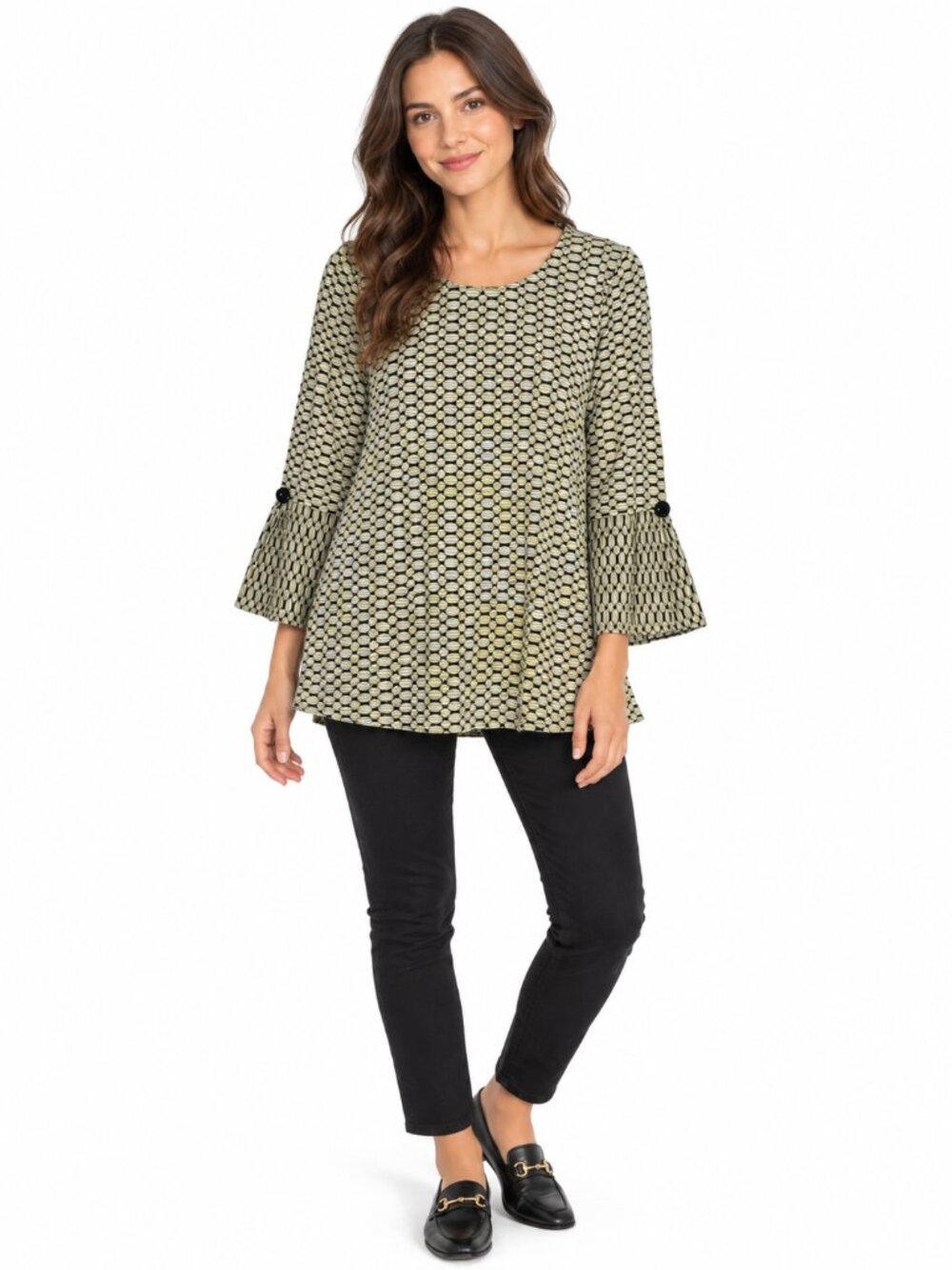 HABITAT Textured Tunic Blouse Lagenlook Beige Black Bell Sleeve Size XS